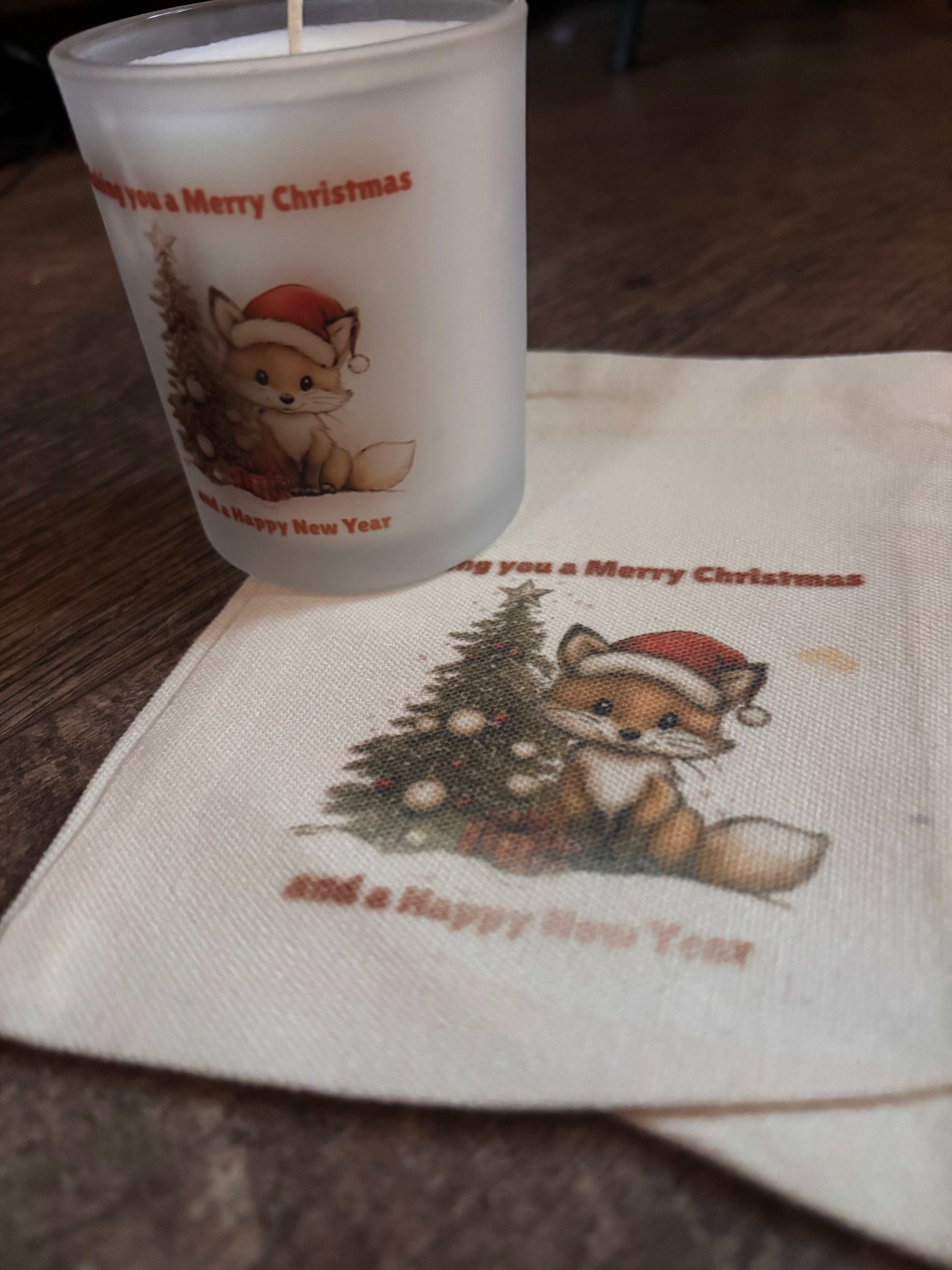 Wishing you. Merry Christmas and A Happy New Year foxy candle and gift bag