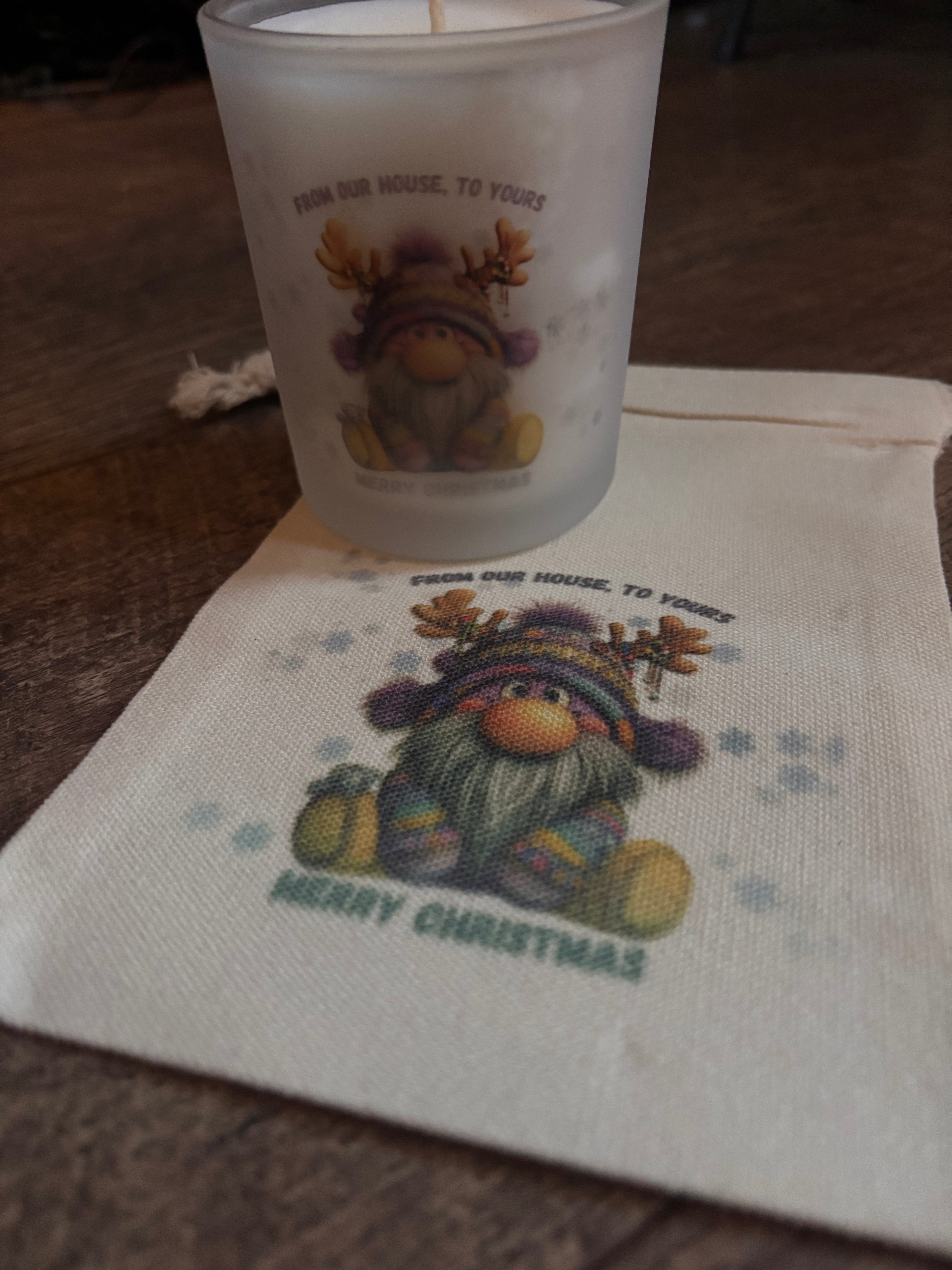 From our house to yours Gonk candle and gift bag